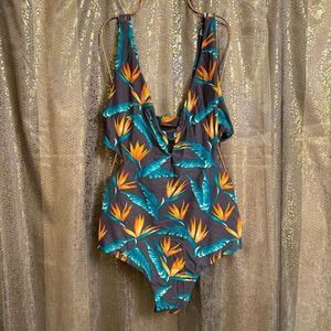 Tori Praver Tropical Gray Bird Of Paradise Cutout Back One Piece Swimsuit XL